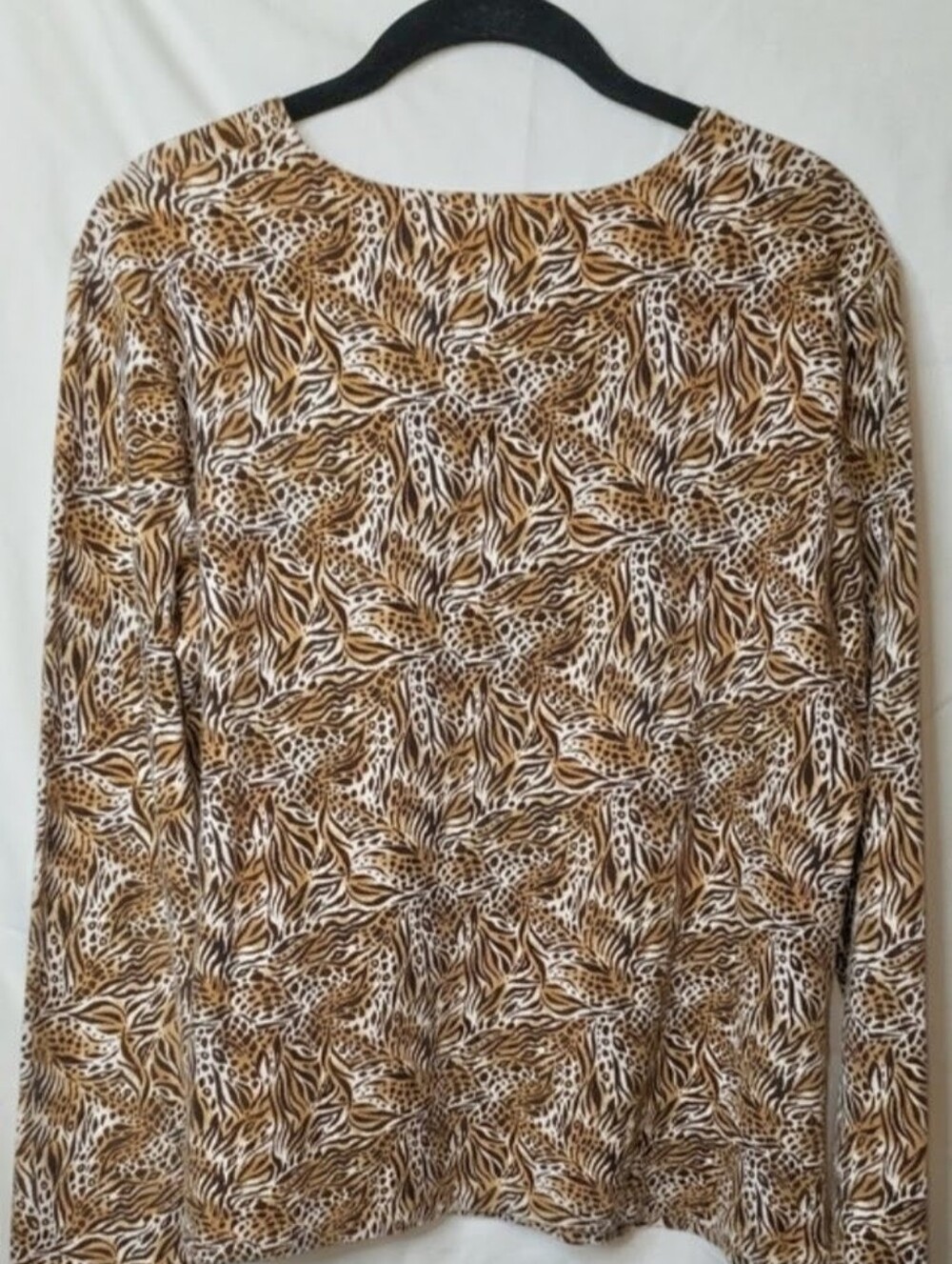 Kim Rogers Brown and Cream Leaf-Print Crew Neck Top Large L
